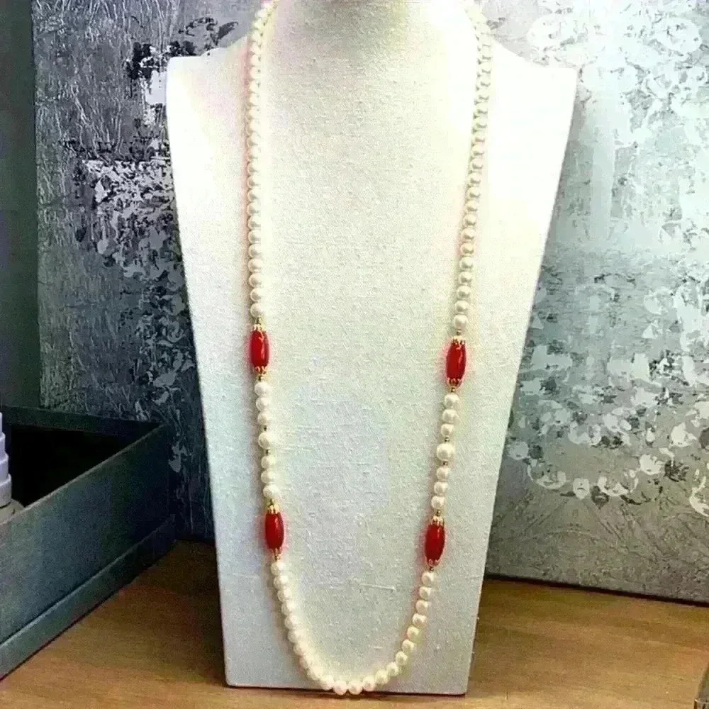 Vintage Faux Pearl Necklace with Orange Detail